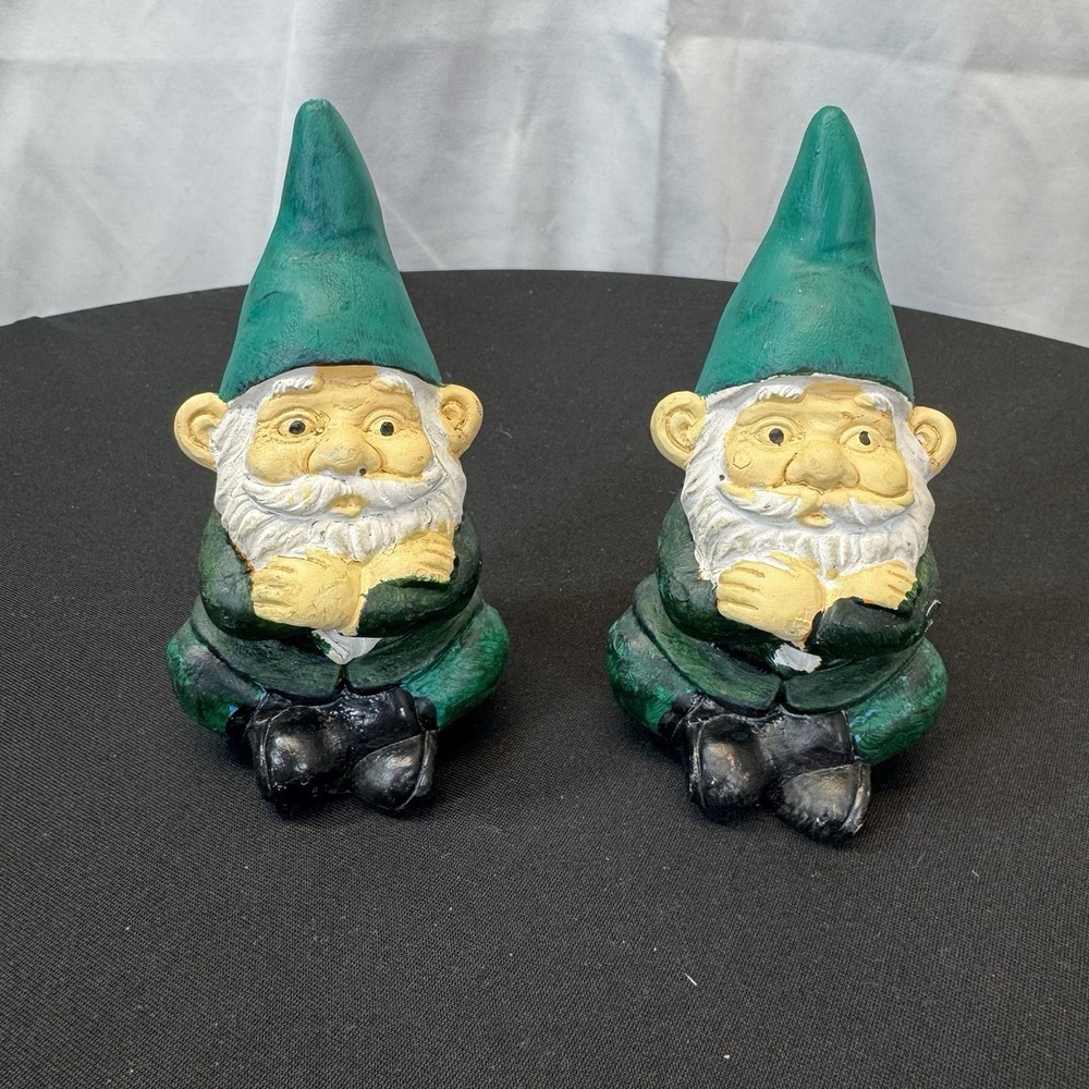 4" Plaster Handpainted Gnomes Both Green - Picture 2 of 6